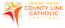 Kenosha-Racine County Line Catholic Parishes logo in orange, gold, and gray with a stylized cross/star.