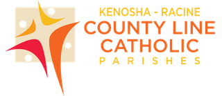 Kenosha-Racine County Line Catholic Parishes logo in orange, gold, and gray with a stylized cross/star.