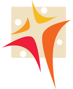 Abstract logo with four colorful human-like figures in red, orange, and yellow on a beige square background