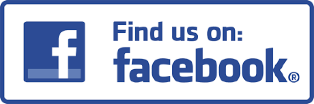 Facebook logo with “Find us on” text, blue and white badge.