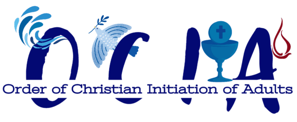 Order of Christian Initiation of Adults logo in blue text with stylized Christian symbols