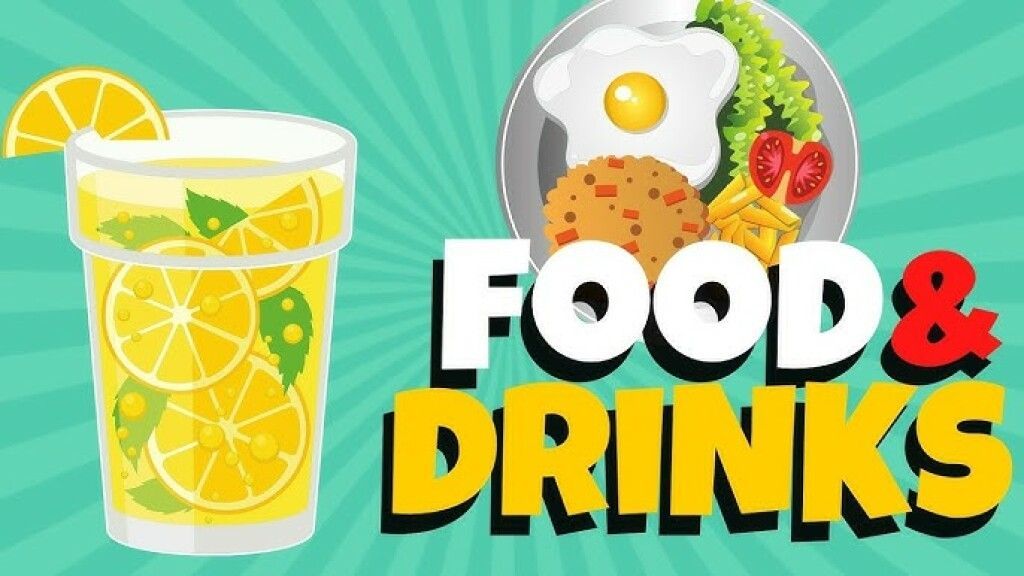 Lemon drink and breakfast foods beside bold “FOOD & DRINKS” text on a teal background.
