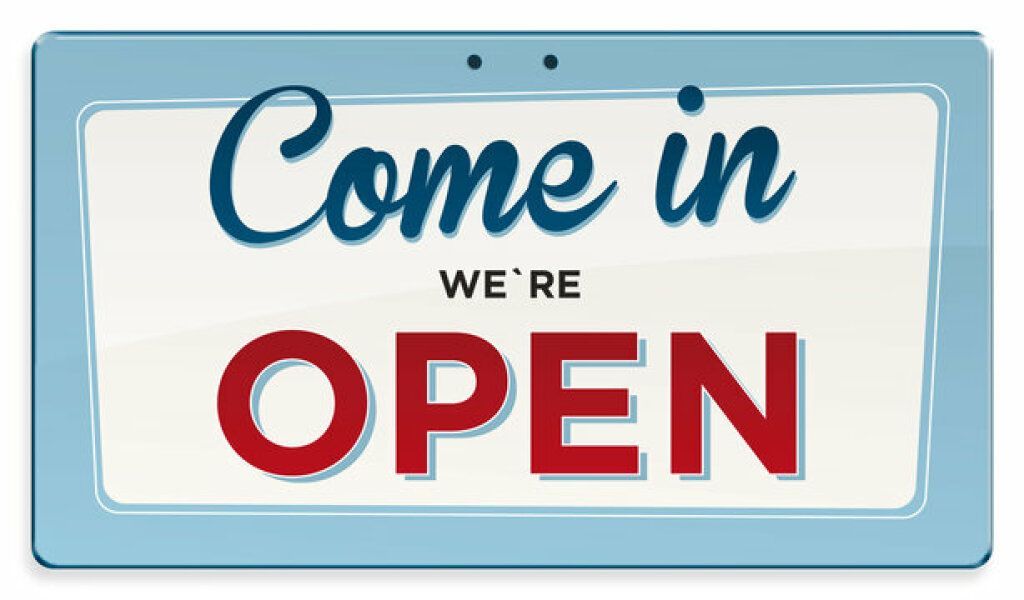Blue and white “Come in, we’re OPEN” sign with red OPEN text