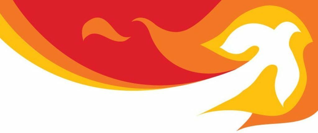 Abstract red, orange, yellow, and white swoosh logo resembling a bird in motion