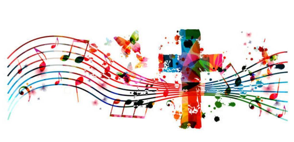 Colorful musical notes and staff lines swirl across a white background with a multicolored cross in the center