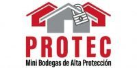 Logotipo de PROTEC con iconos de casas rojas y grises y el texto &ldquo;Mini Bodegas de Alta Protecci&oacute;n&rdquo;