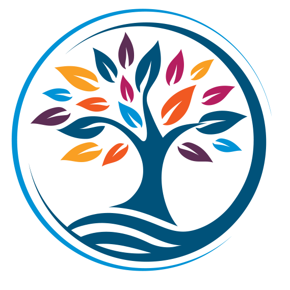 A tree with colorful leaves is in a blue circle.
