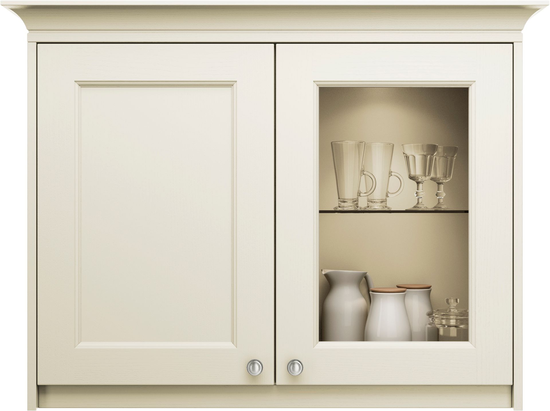 Barnes Glass Painted Shaker Door with one side solid and side glass with glasses and jugs on display