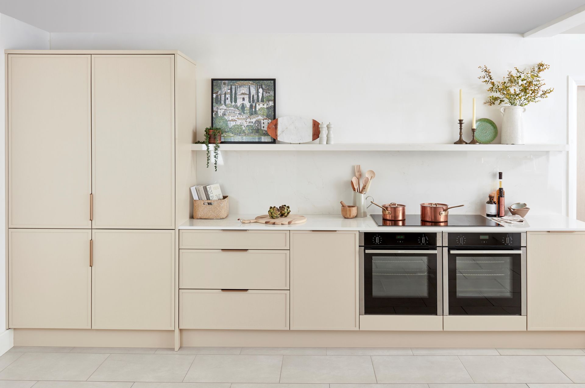 Otto Soft Moss  and Dark Oak  with vertical wall tiles and plain mantle with extractor
