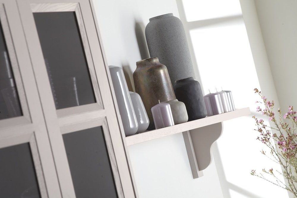 Gresham Bespoke Powder Pink kitchen shelf with corbel support display grey vases and purple candles