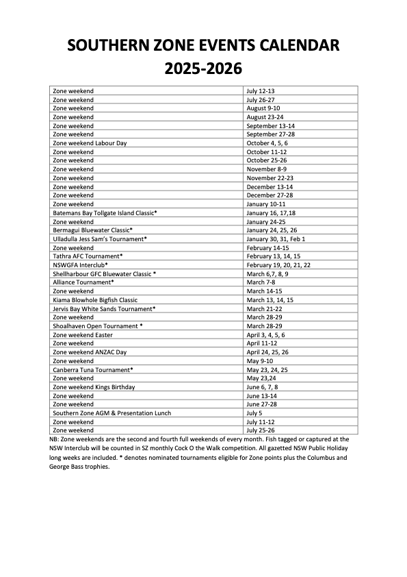 Southern Zone Events Calendar for 2025-2026, lists events and dates.