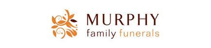Logo for Murphy family funerals. Text is brown, with an orange floral element on the left.