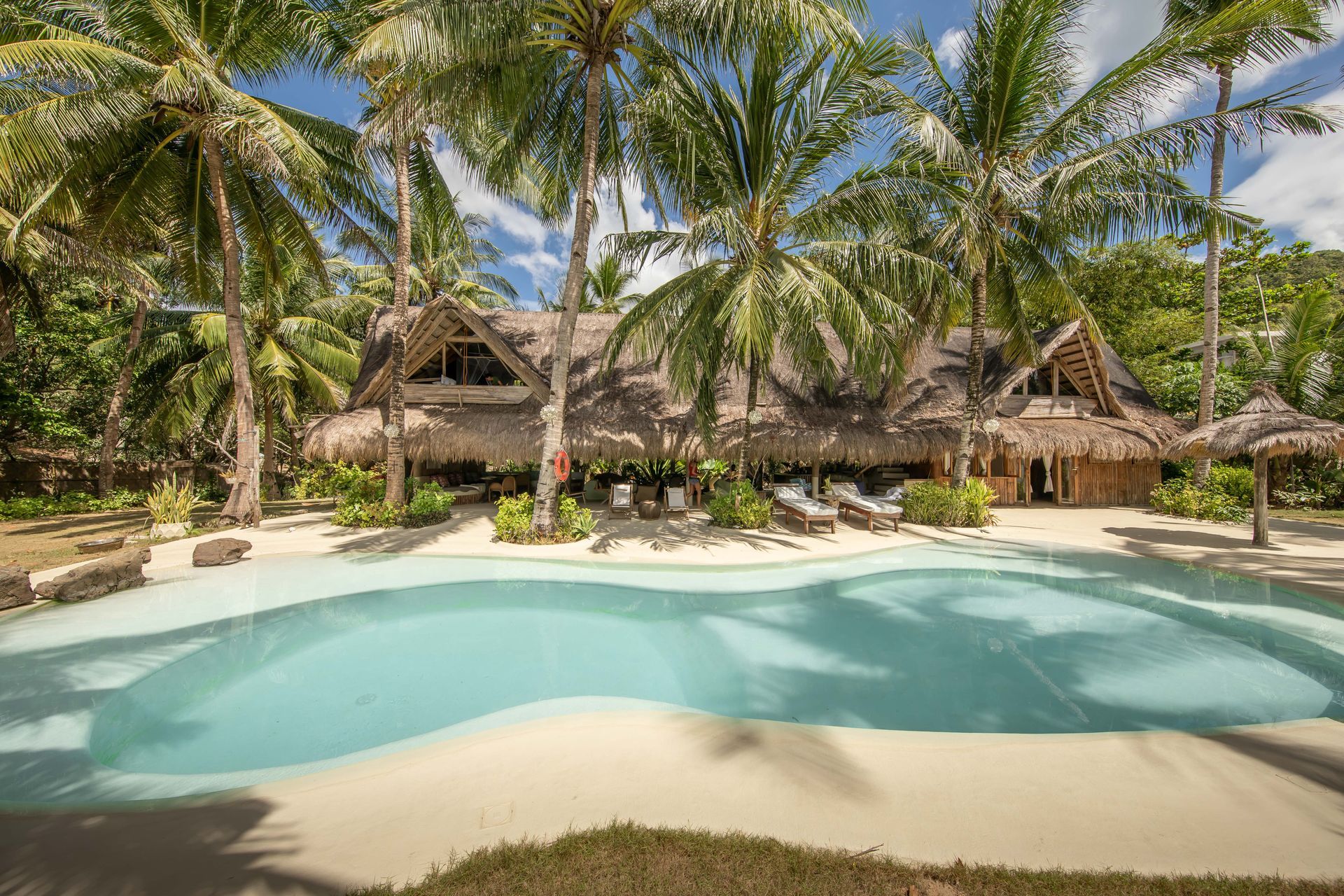 A large swimming pool surrounded by palm trees in front of a house.