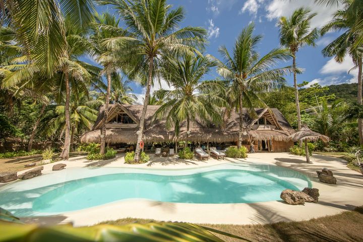 A large swimming pool surrounded by palm trees and a house.