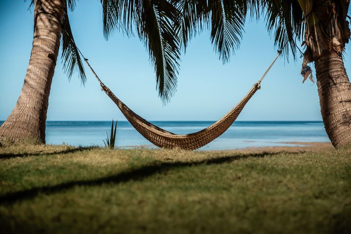 A hammock is hanging between two palm trees on the beach.
