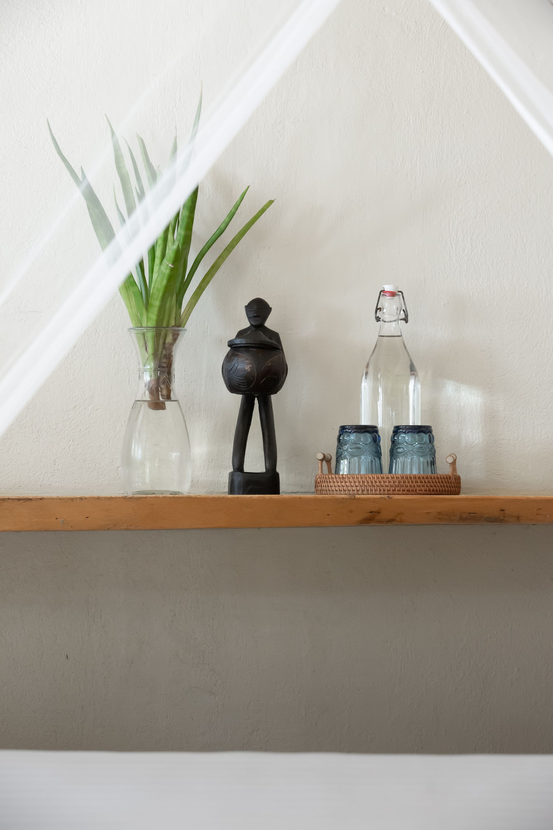 A shelf with a vase of plants and a bottle of water on it.