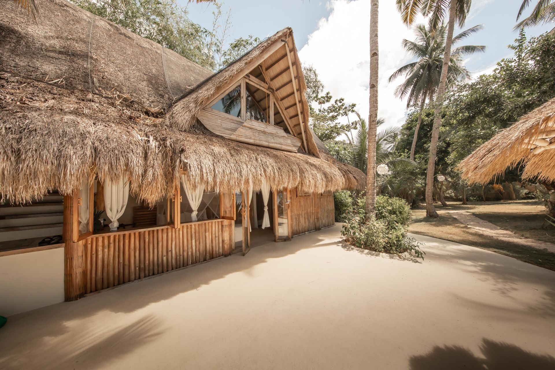 A wooden house with a thatched roof is surrounded by palm trees.