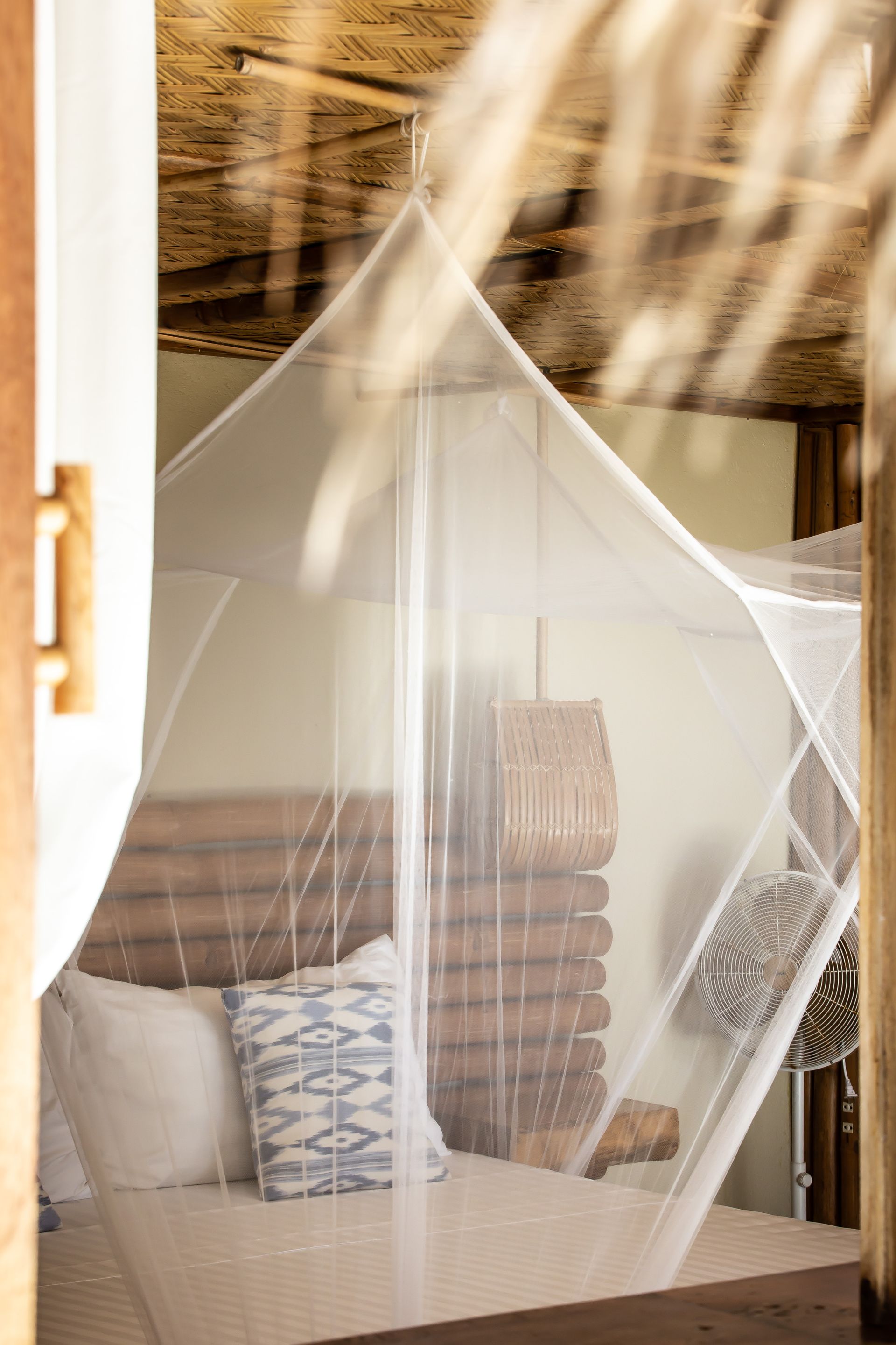 A mosquito net is hanging over a bed in a bedroom.