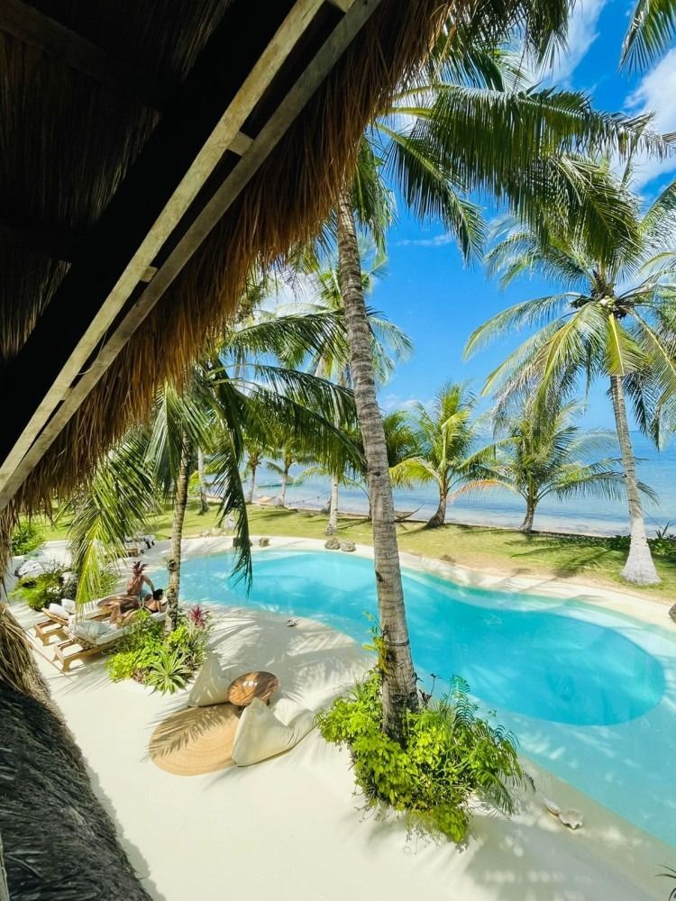 A large swimming pool surrounded by palm trees on a tropical beach.