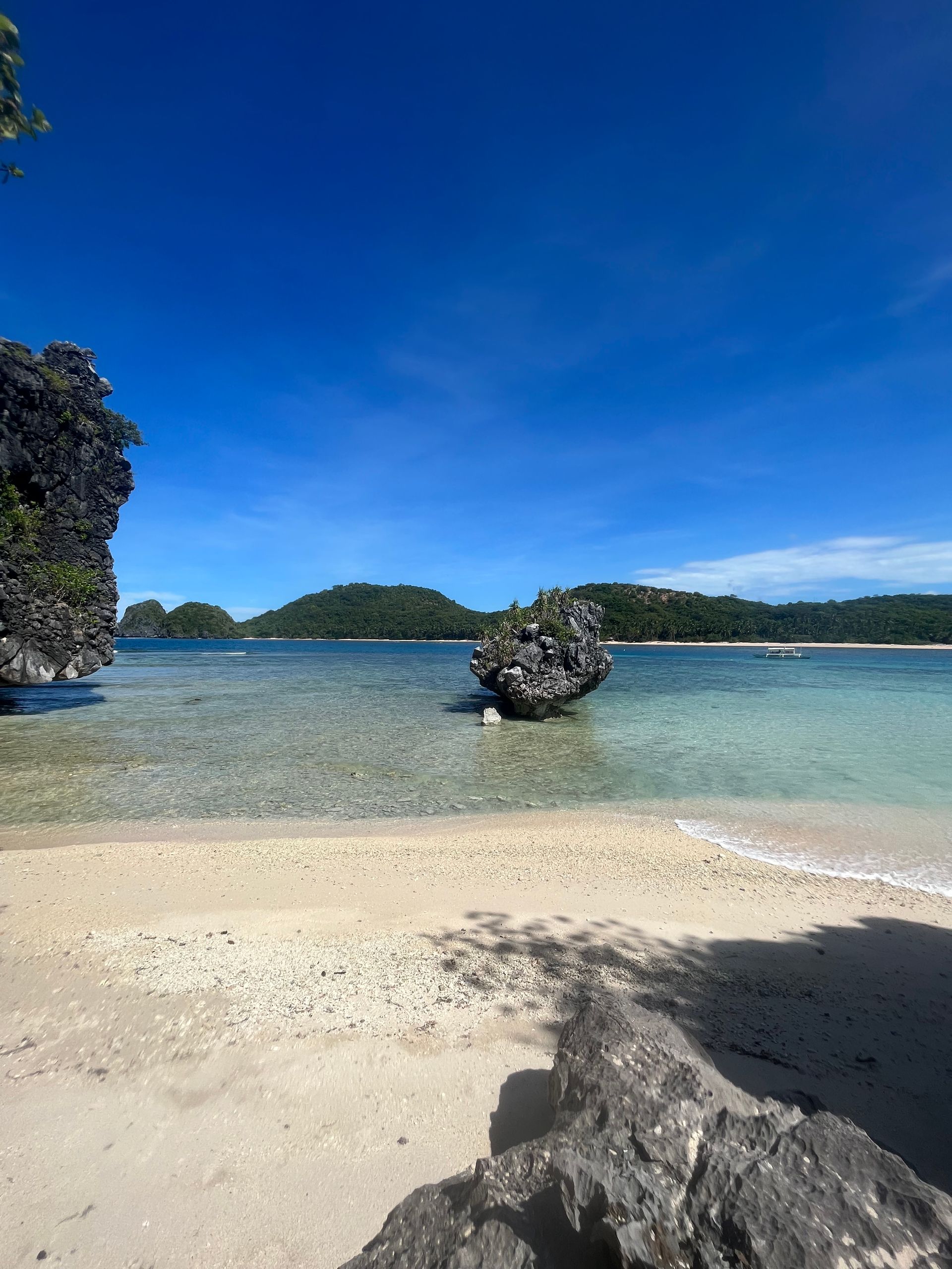 A beach with a boat in the water and a rock in the water