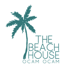 A logo for the beach house ocam ocam with a palm tree