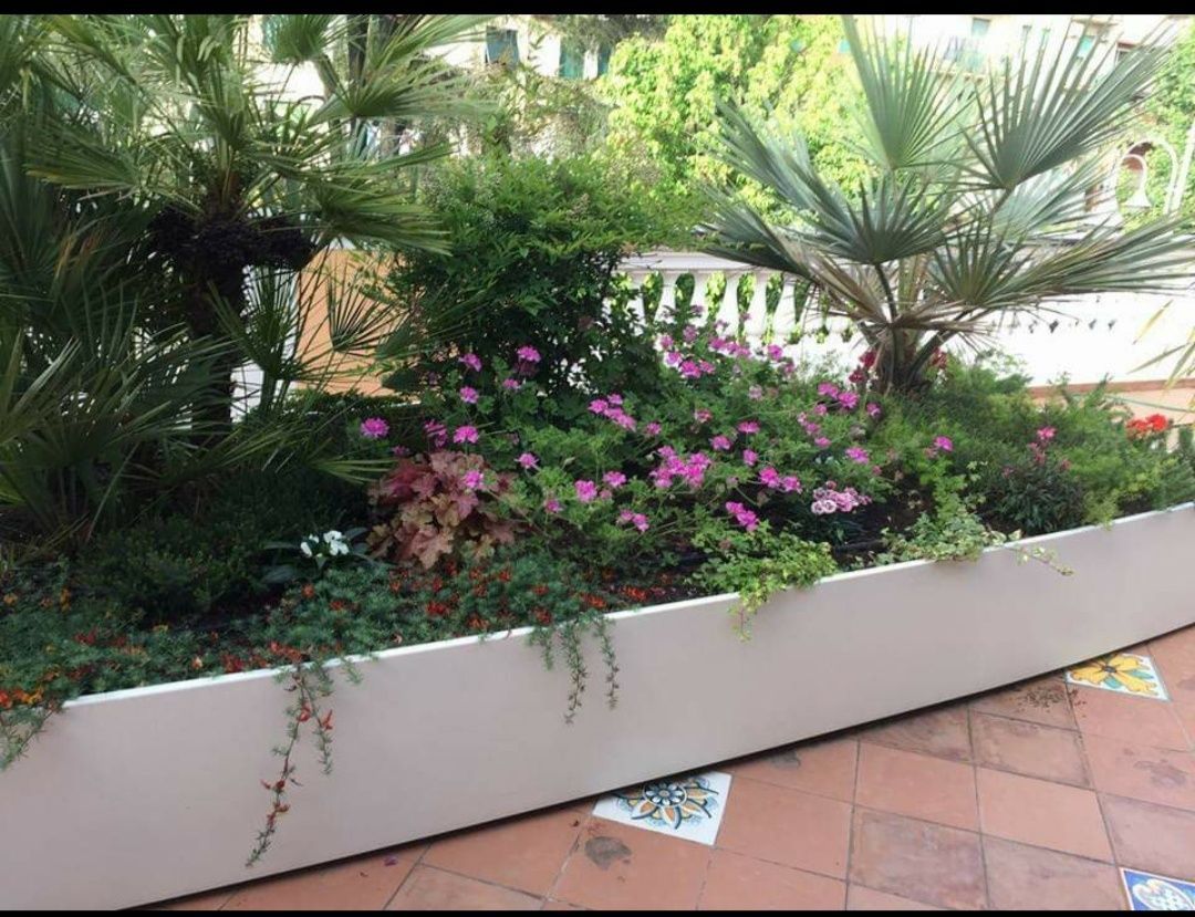 Lunga fioriera bianca piena di rigogliose piante verdi e fiori rosa, con palme sullo sfondo.