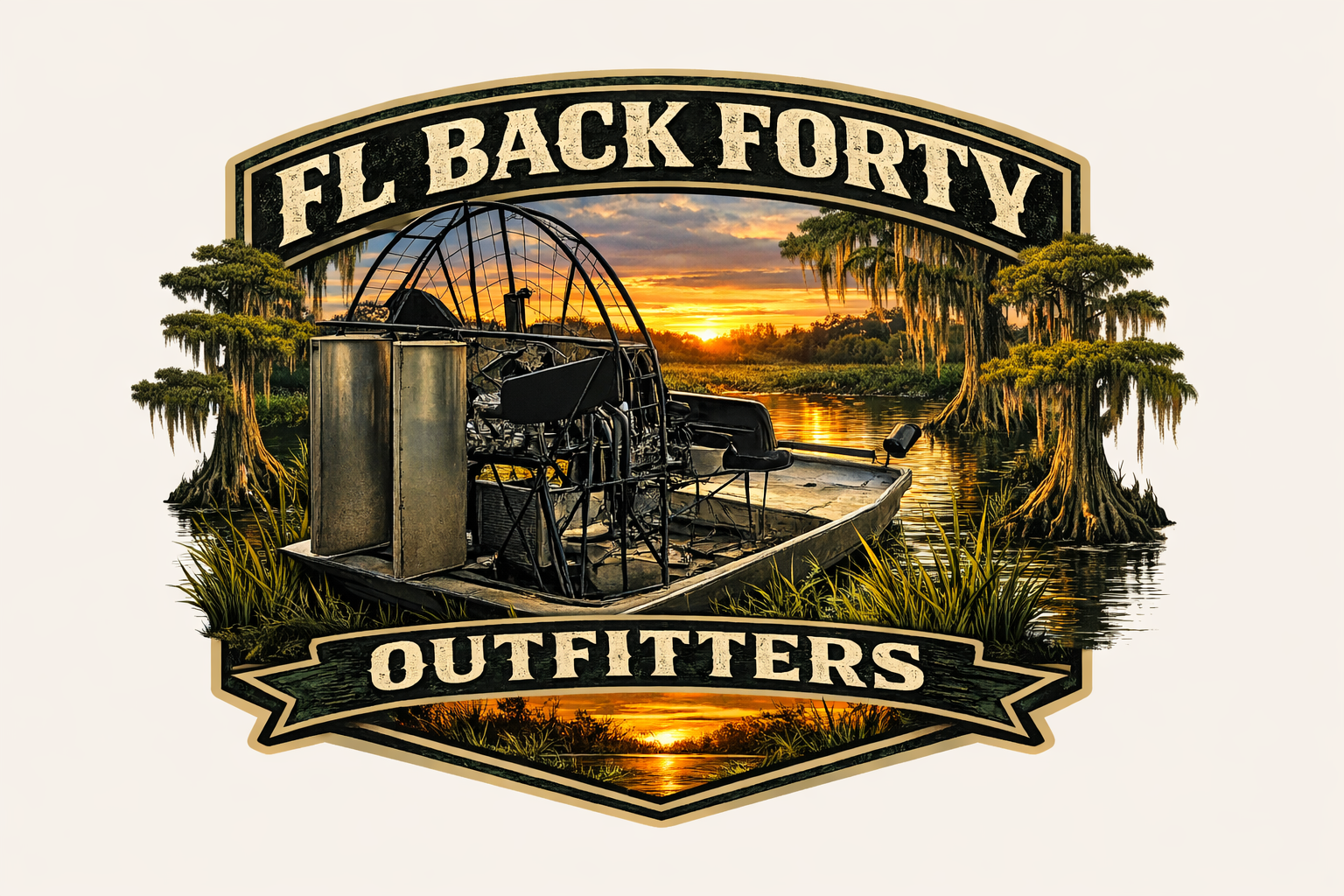 Logo for FL Back Forty Outfitters. Airboat on swamp, sunset backdrop.