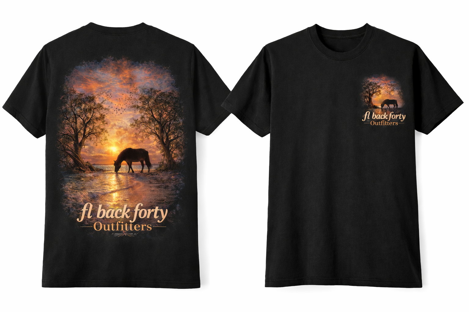 Woman modeling black t-shirt with logo, front and back views. Sunset scene with horse and trees on the back.