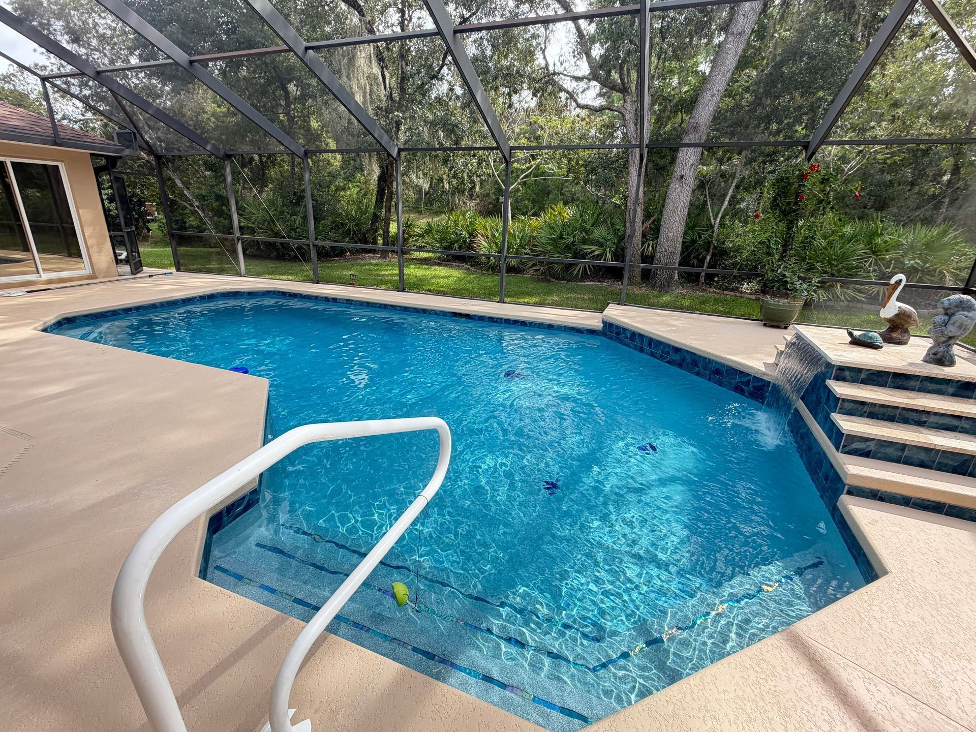 Screened backyard pool with turquoise water, white handrail, and steps leading into the water