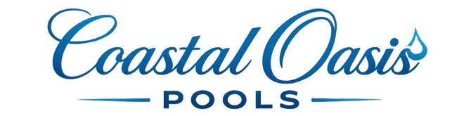 Coastal Oasis Pools logo in blue script and gray text with wave graphic