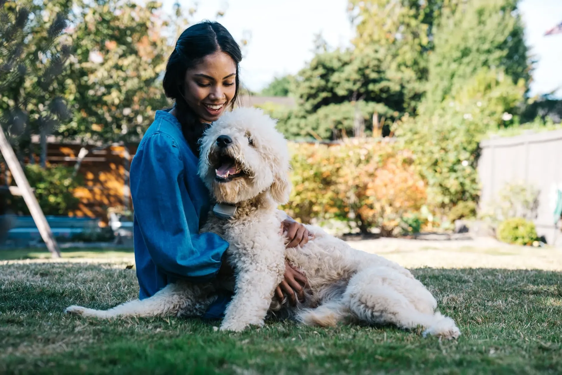 A person in a blue shirt sits on a grassy lawn, smiling while hugging a fluffy, cream-colored dog.