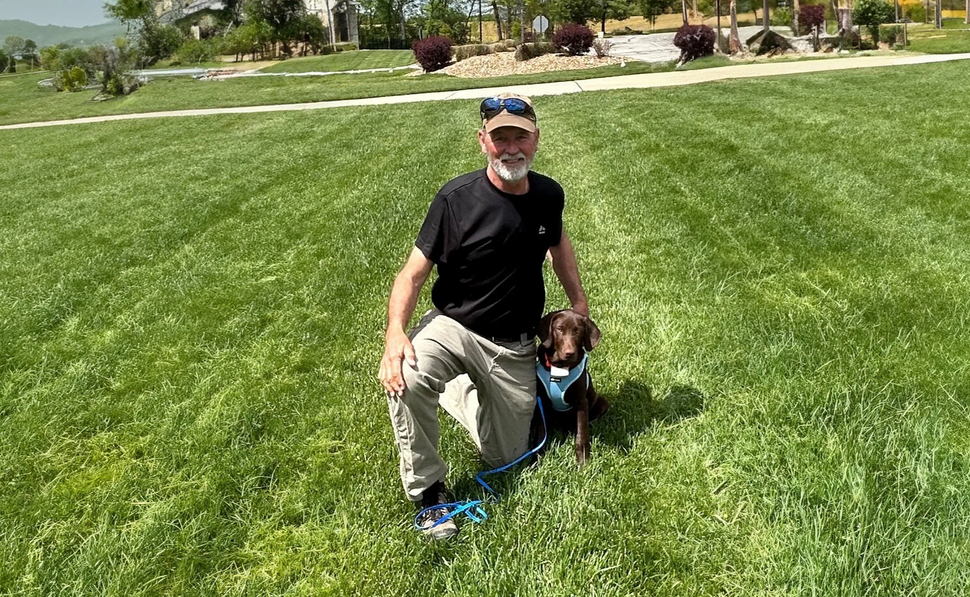 A person kneeling on a green lawn with a brown dog wearing a blue harness, with trees and a building in the background.