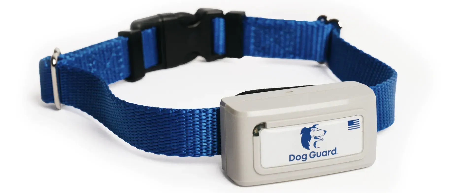 A blue dog collar with a gray electronic receiver box labeled