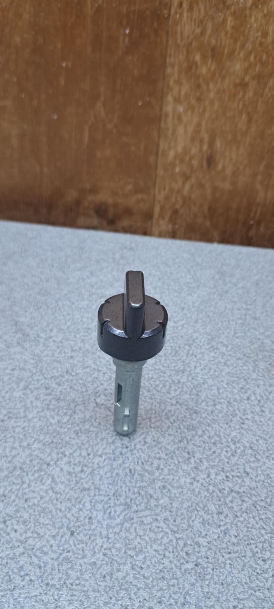 一個黑色和銀色的小金屬螺栓或旋鈕直立在淺色紋理表面上，背景是木質的。