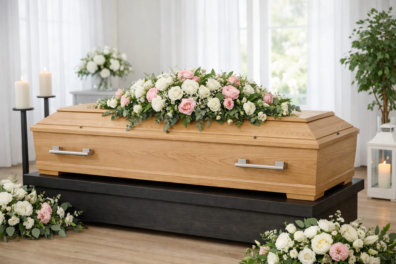 Moderner Sarg mit schönem Blumenschmuck – vortbereitet vom Bestatter Jüttner in Reutlingen