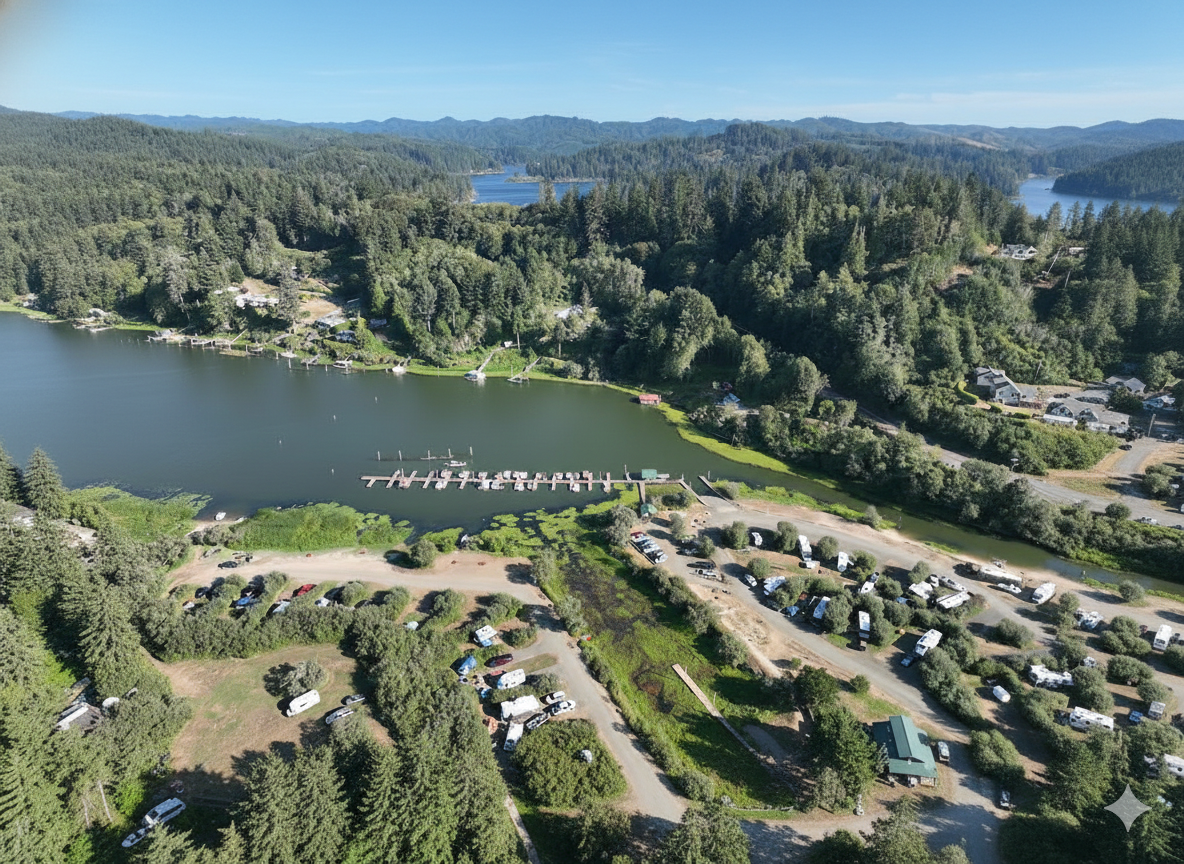 Aerial view of a lake with a dock, surrounded by forest and campsites under a blue sky.