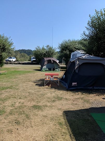 Camping scene with tents, vehicles, picnic table, and grassy field under a blue sky.