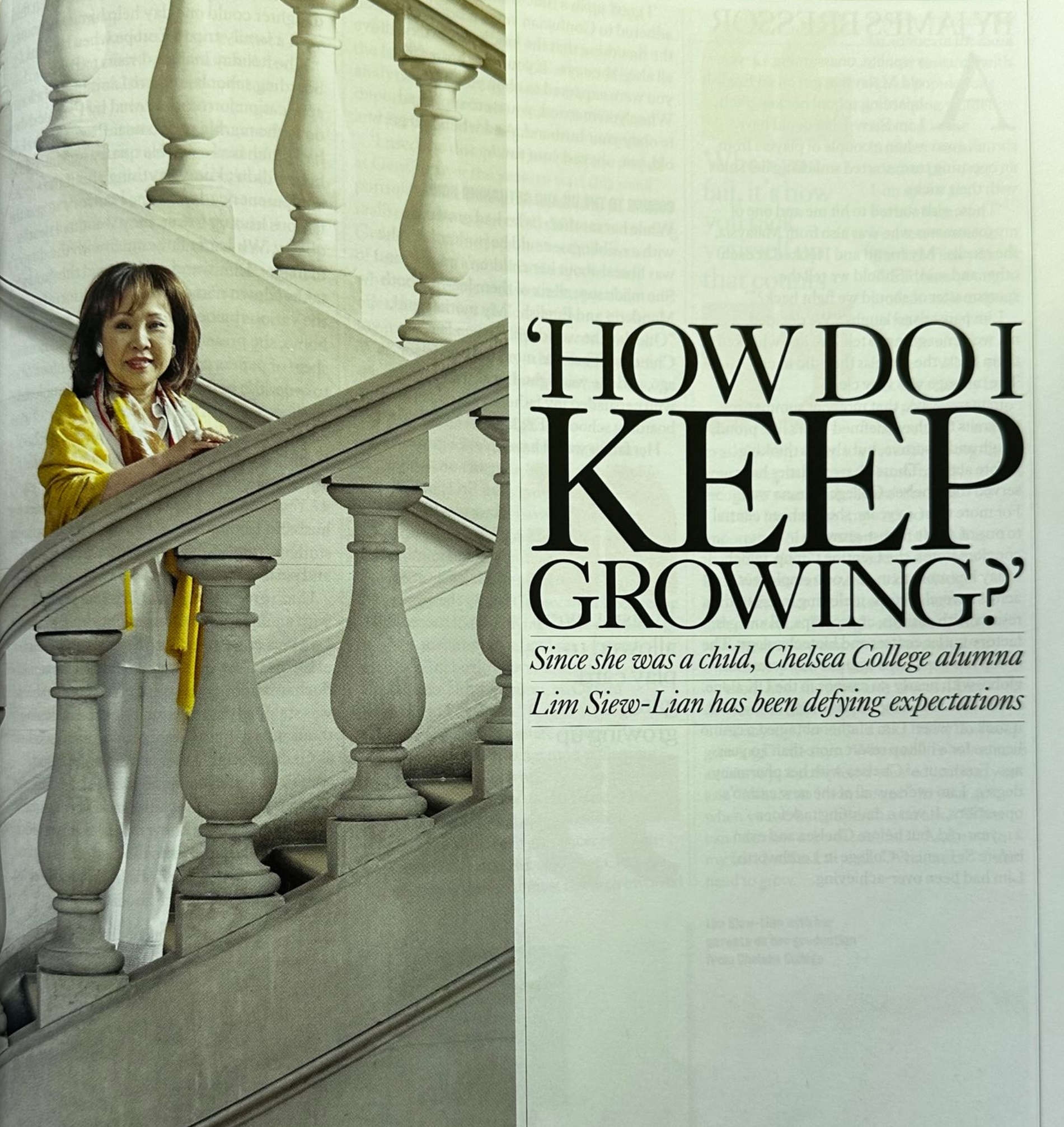 Woman in yellow dress on marble staircase beside ad text: “HOW DO I KEEP GROWING?”