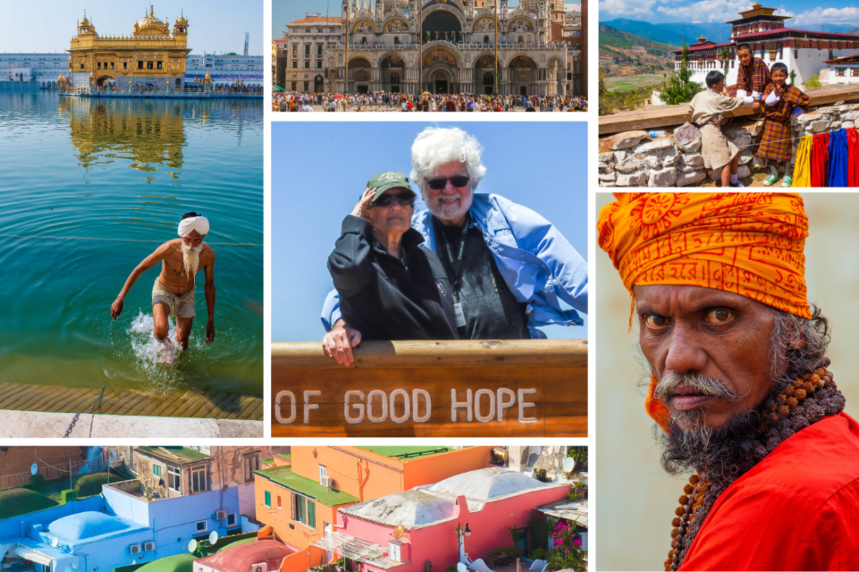 Collage of travel scenes: temple by water, market, hikers, cityscape, and a man in an orange turban