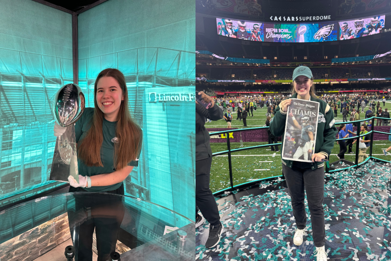Isabel Pantlelead holding trophies amid confetti in a stadium after a sports event.