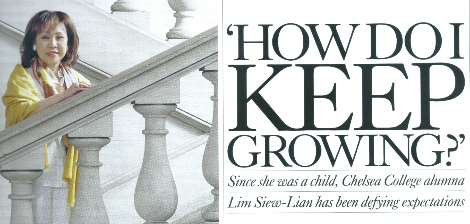 Woman in yellow dress on marble staircase beside ad text: “HOW DO I KEEP GROWING?”