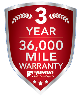 Red shield warranty badge reading “3 Year 36,000 Mile Warranty” with Auto Care Experts logo