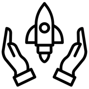 Hands cupping a rocket ship. Concept for support and launch.