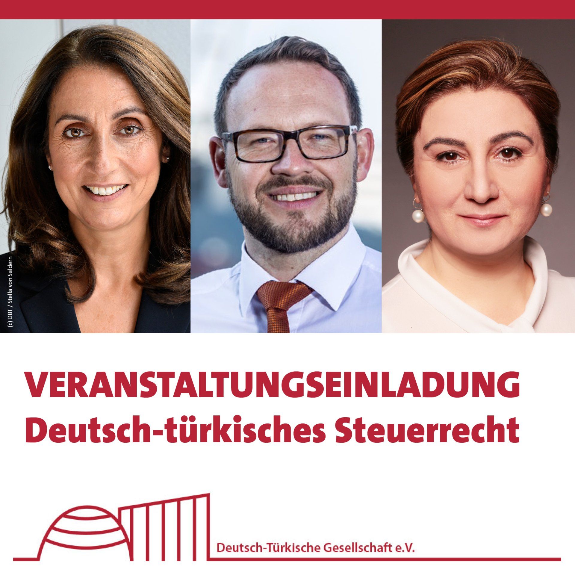 Veranstaltungseinladung mit drei Porträtfotos und Text über das deutsch-türkische Steuerrecht.