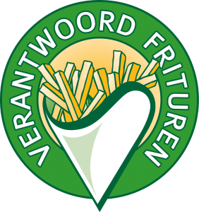 Groen cirkellogo met friet in een witte papieren puntzak, tekst 