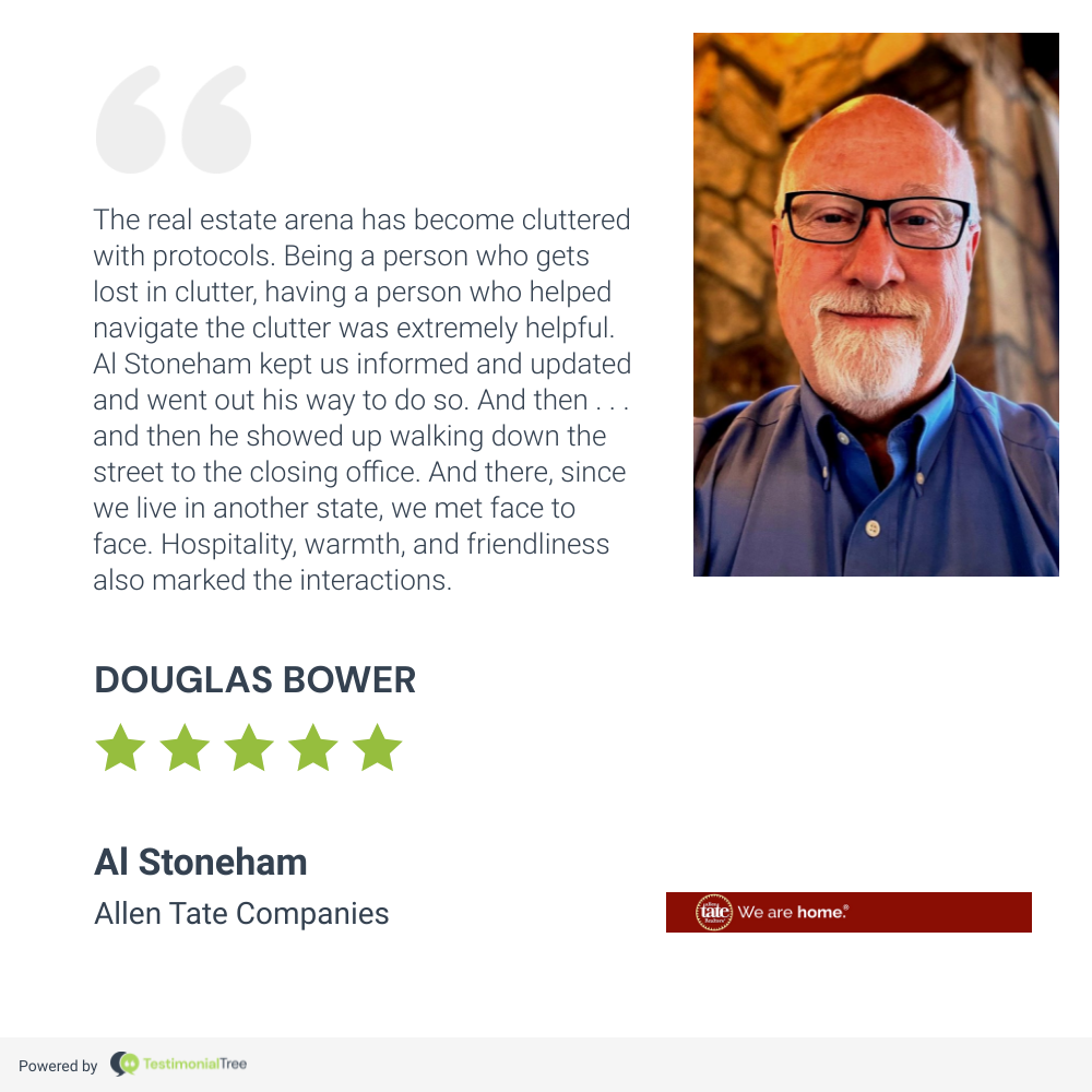 Testimonial card with headshot, quote text, and Douglas Bower from Allen Tate Companies