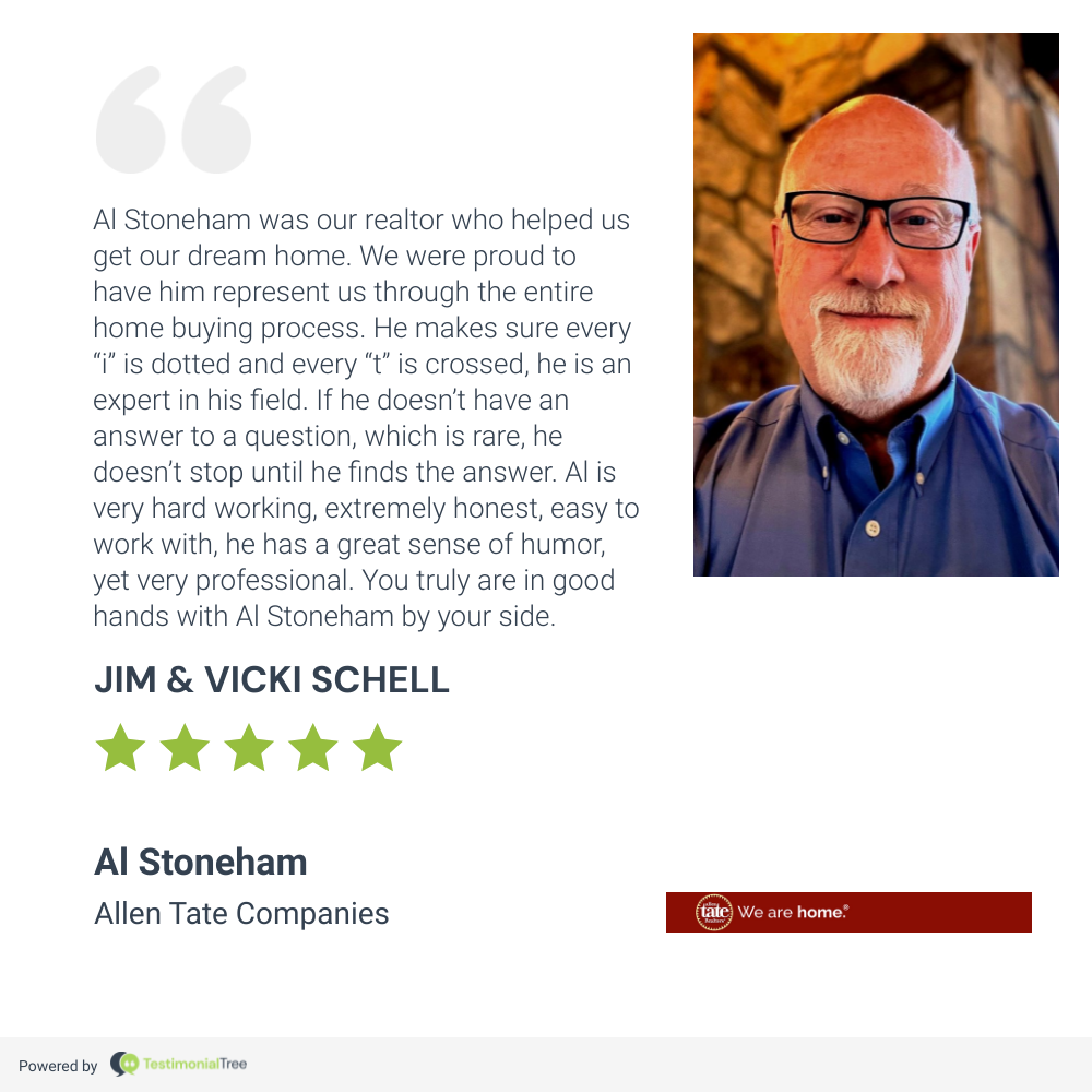 Customer testimonial card with a smiling man’s headshot, five green stars, and quote about AI Stoneham’s service