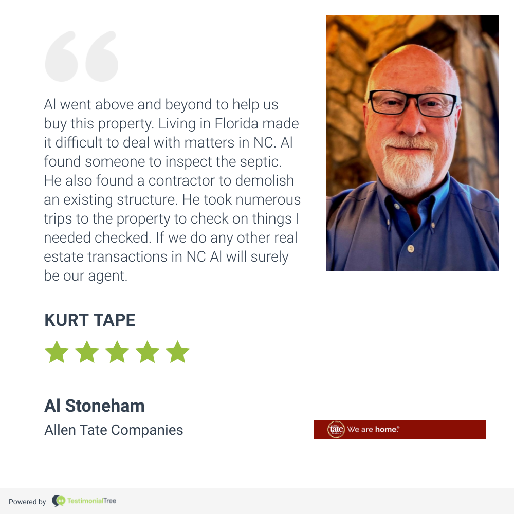 Customer testimonial with portrait of a smiling man on a blue background and five-star rating for Al Stoneham.