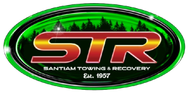 Green oval STR Santa Towings & Recovery logo with red and gold lettering, est. 1957