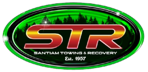 Green oval STR Santa Towings & Recovery logo with red and gold lettering, est. 1957
